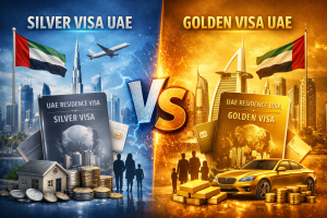 Silver Visa UAE vs Golden Visa UAE comparison image showing eligibility, benefits, validity, and investment differences side by side”